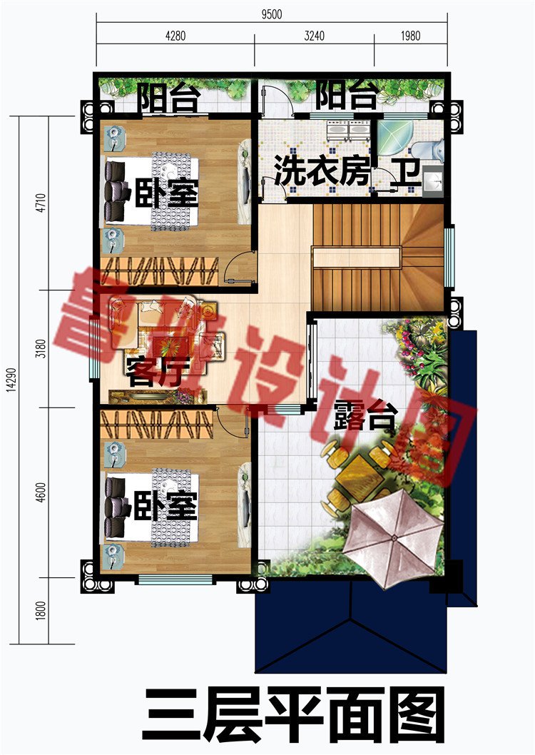 开间9.5米简约时尚欧式三层农村自建房设计图