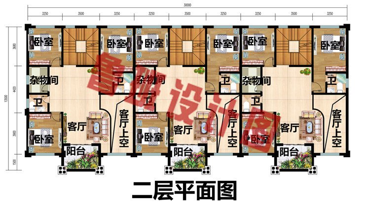 新款欧式农村三拼三户联排别墅设计图