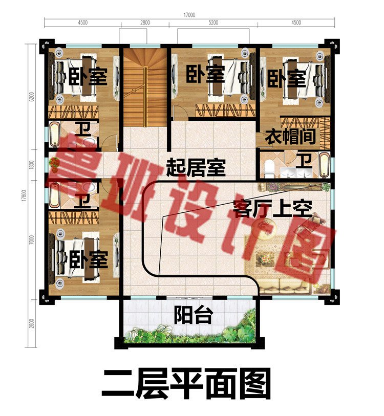 17X17.8米农村二层房屋设计图二层平面图