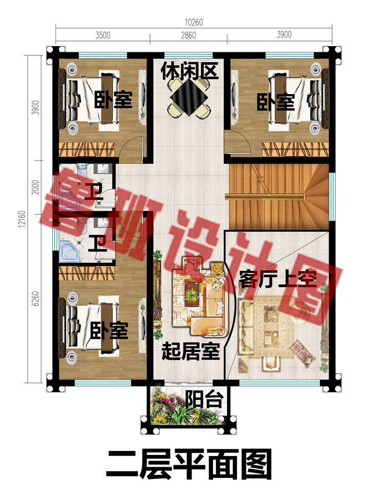 10X12米欧式二层农村别墅图二层平面图