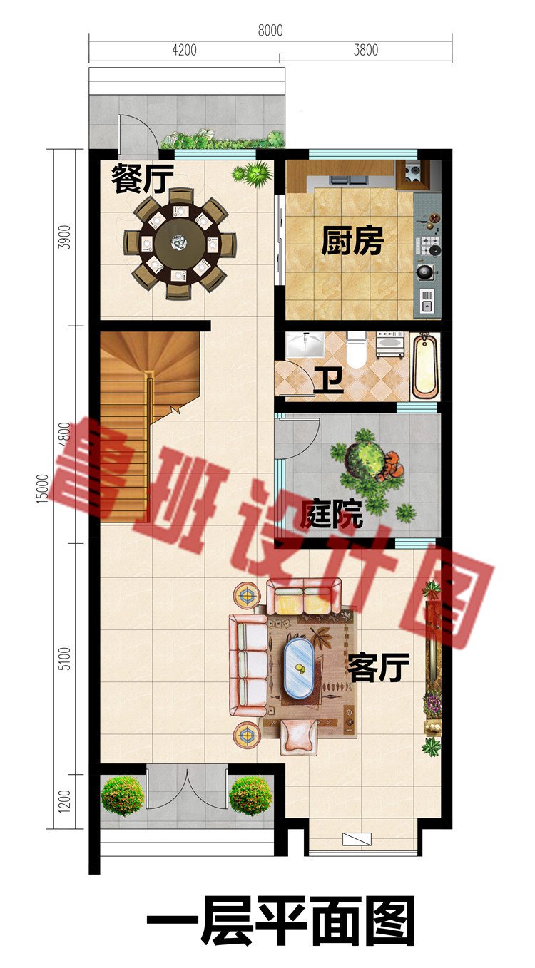 8X15米三层现代风别墅一层平面图