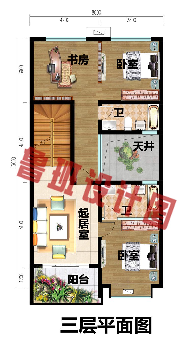 8X15米三层现代风别墅三层平面图