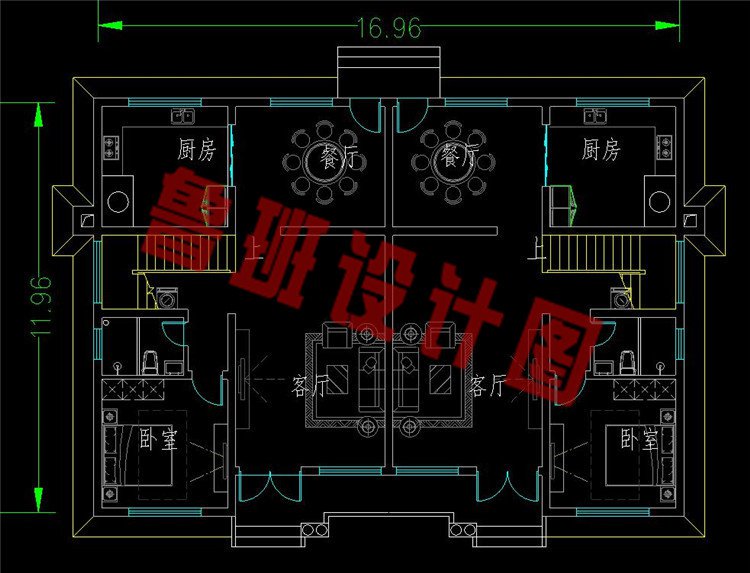 二层兄弟双拼别墅一层平面图