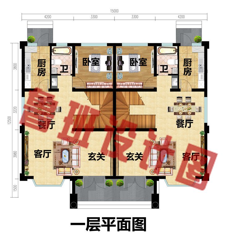 三层双拼别墅设计一层平面图