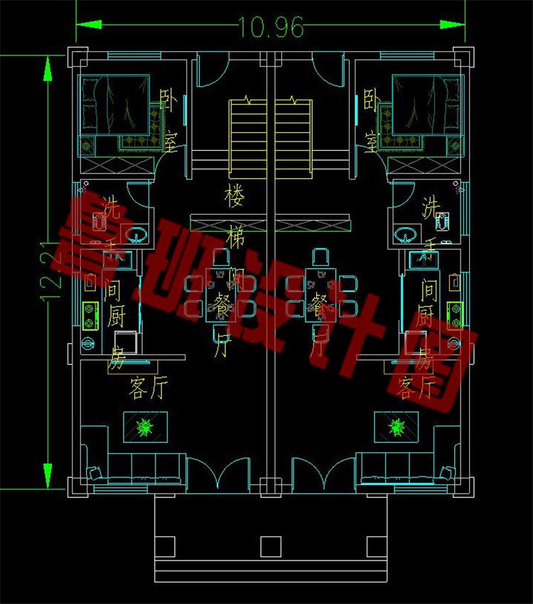 农村三层两户双拼自建别墅一层平面图