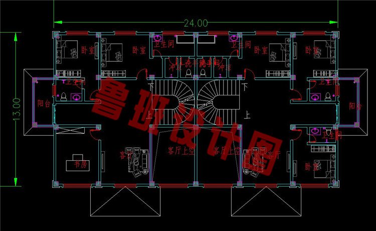 新中式四层双拼别墅二层平面图