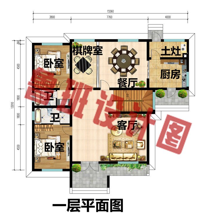 中式徽派二层农村别墅设计图一层平面图