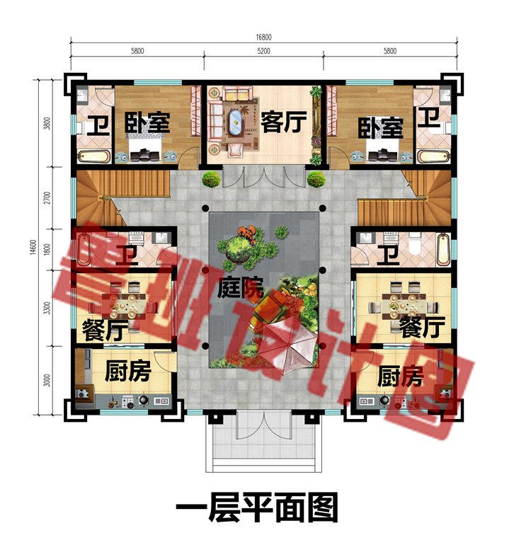 16.8x14.6米三层新中式别墅设计图一层平面图