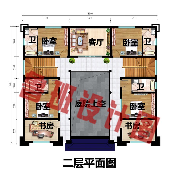 16.8x14.6米三层新中式别墅设计图二层平面图