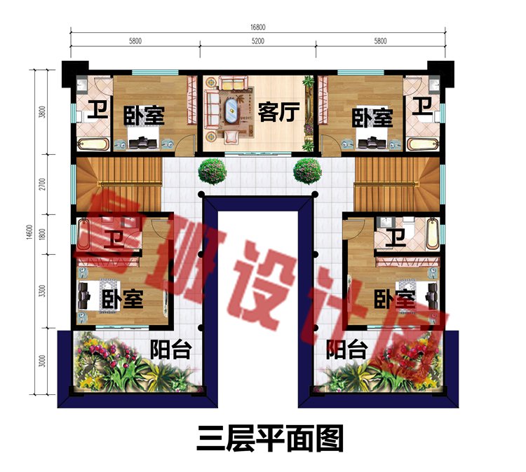 16.8x14.6米三层新中式别墅设计图三层平面图