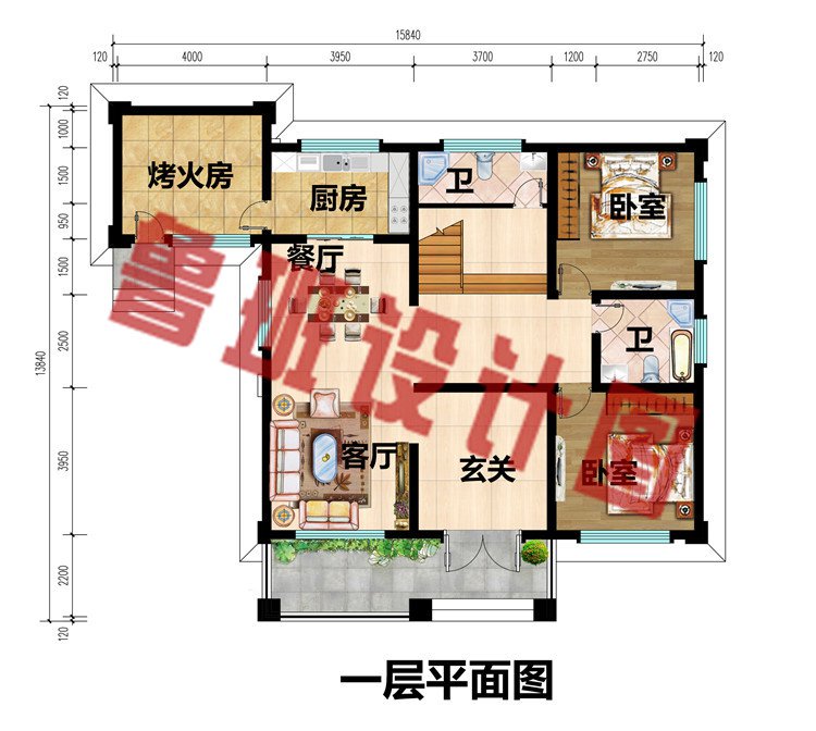 带配房的二层欧式别墅设计图一层平面图