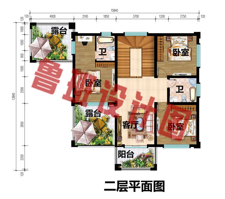 带配房的二层欧式别墅设计图二层平面图