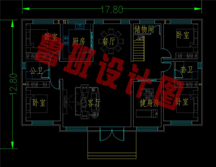 200平米二层五间对称式结构别墅一层平面图