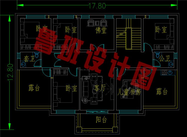 200平米二层五间对称式结构别墅二层平面图