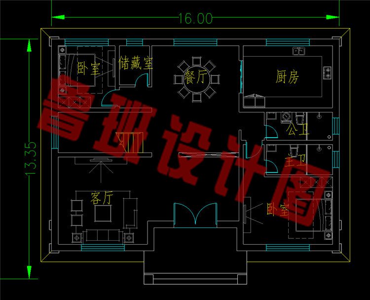 面宽16米方正实用二层别墅设计图一层平面图