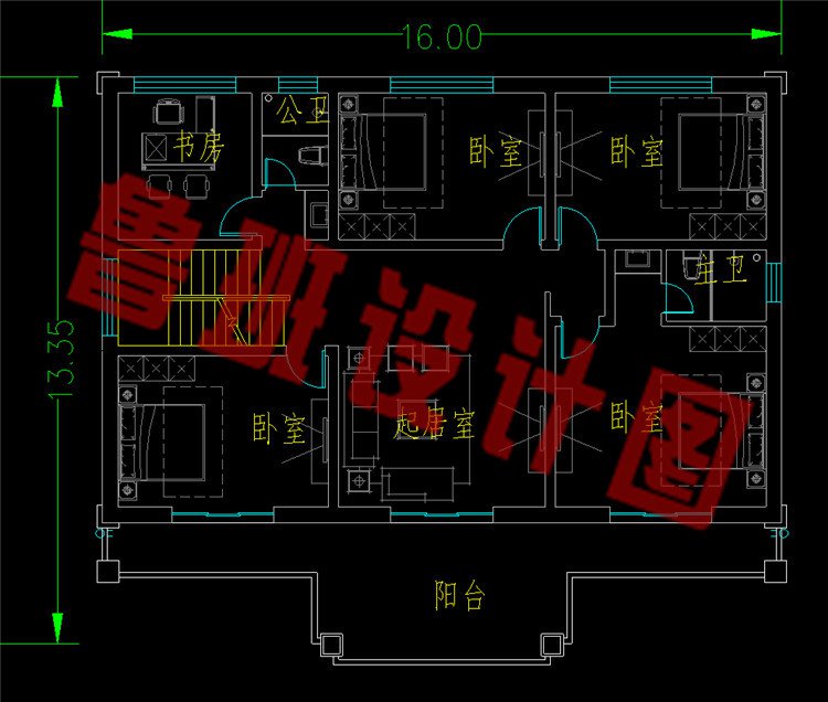 面宽16米方正实用二层别墅设计图二层平面图