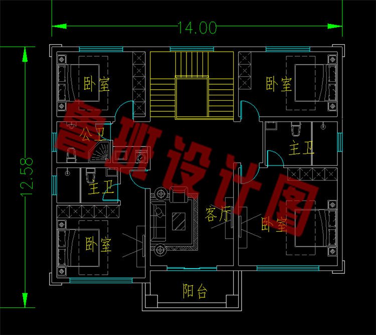 14x12.5米二层农村别墅设计图二层