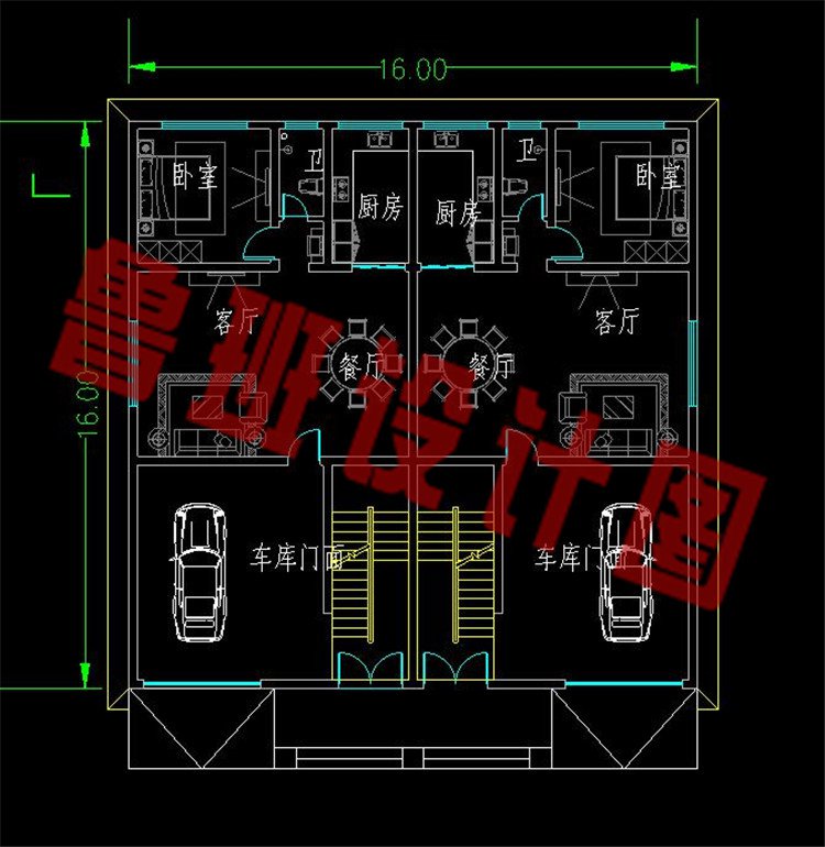 带双露台带车库双拼别墅设计图一层