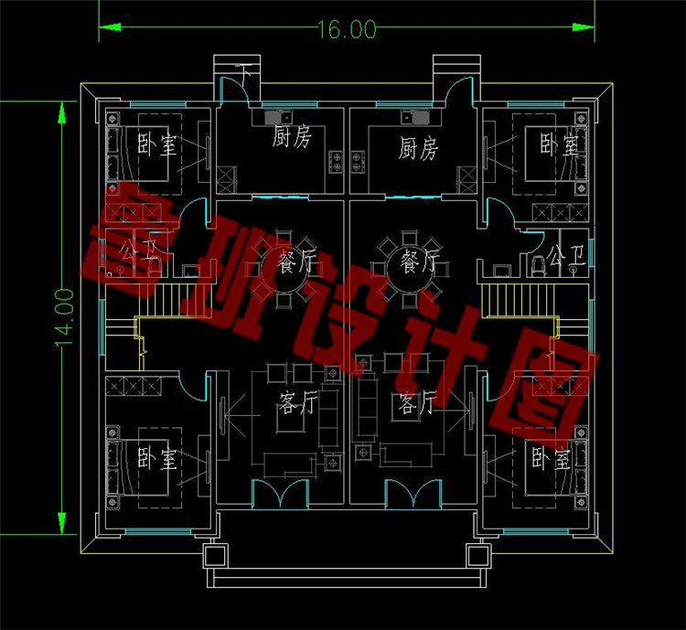 16x14米三层双拼别墅设计图一层