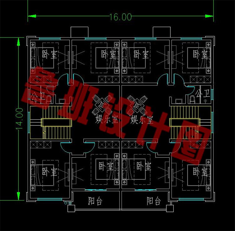 16x14米三层双拼别墅设计图二层