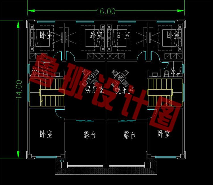 16x14米三层双拼别墅设计图三层