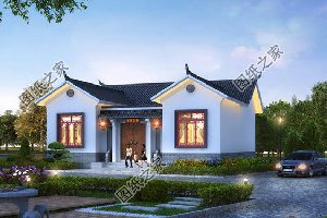 乡村一层中式三合院别墅，白墙黛瓦，实用性高