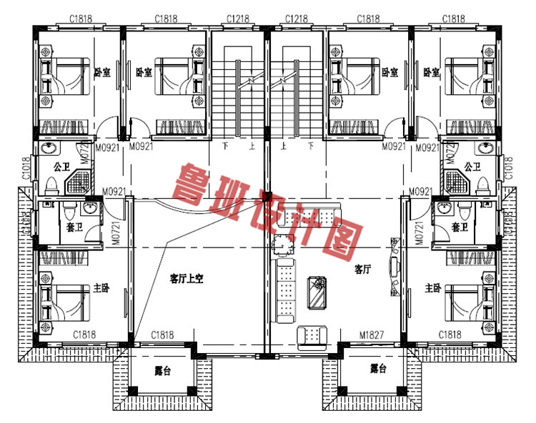 农村三层双拼别墅房屋设计二层户型图