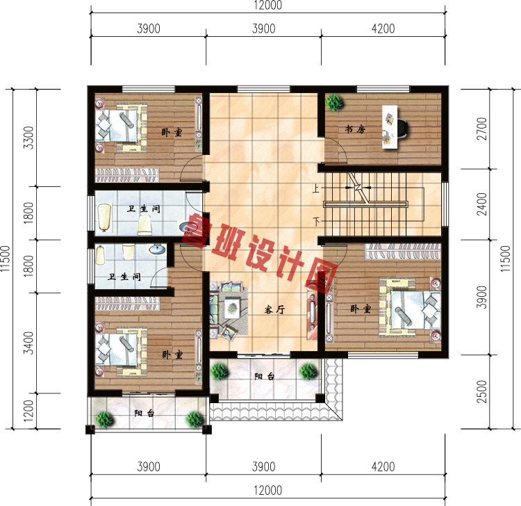 120平米农村30万别墅款式三层小别墅二层户型图