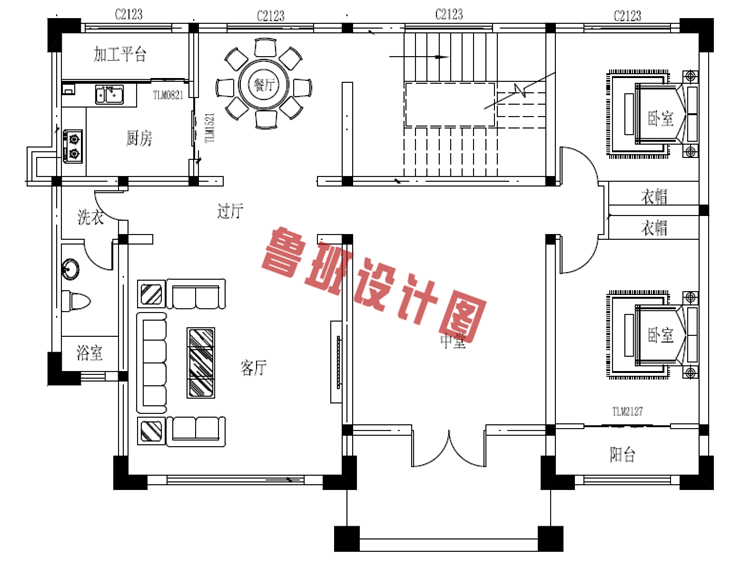 160平二层中式现代别墅设计一层户型图