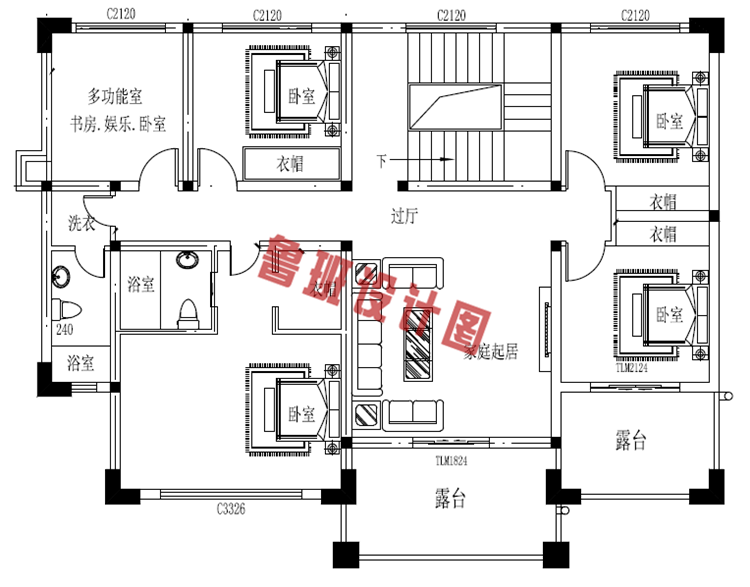 160平二层中式现代别墅设计二层户型图