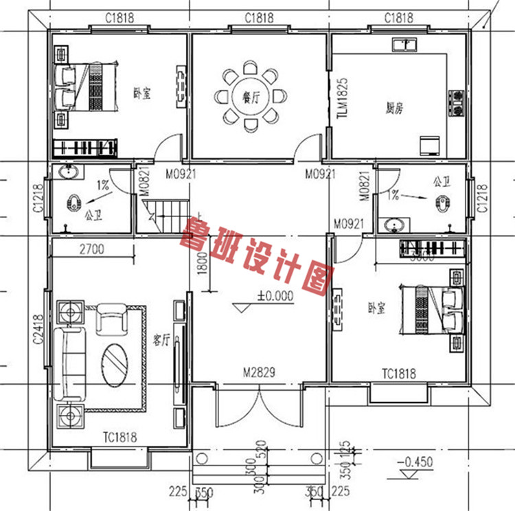 二层带露台农村自建房设计一层户型图