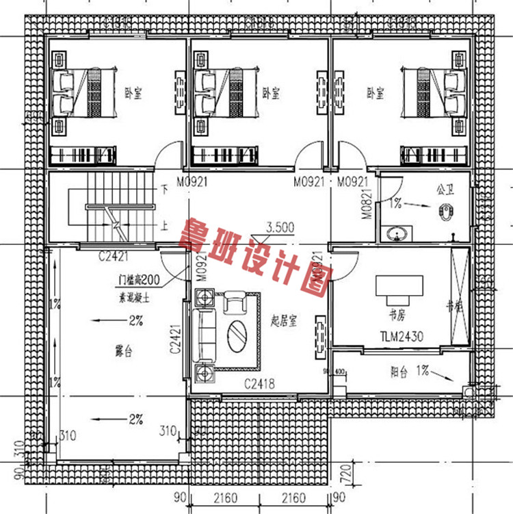 二层带露台农村自建房设计二层户型图