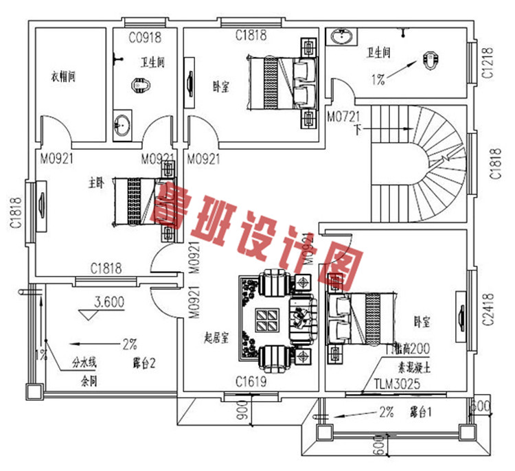 现代农村两层别墅设计二层户型图