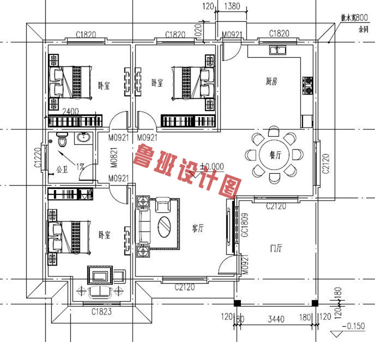 占地160平现代一层（带闷顶）别墅住宅一层户型图