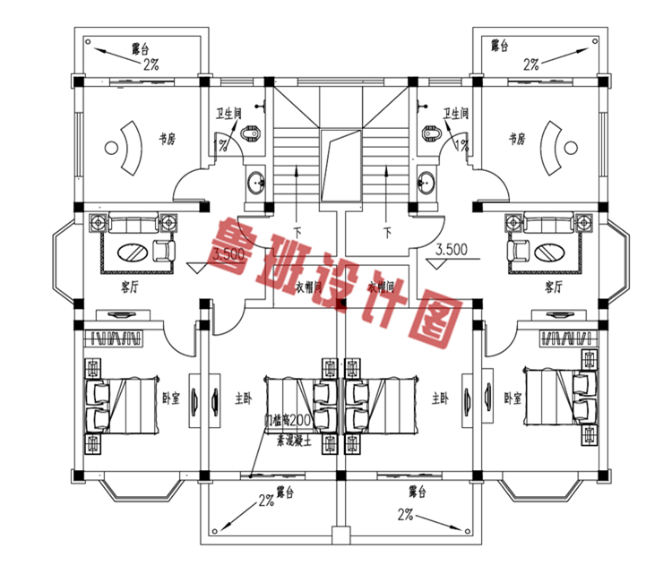 新颖二层双拼别墅设计二层户型图