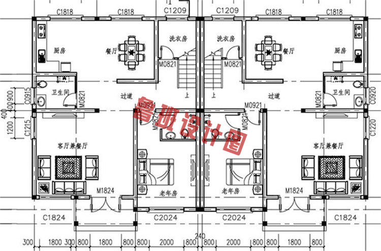 简欧风格三层双拼别墅自建房屋设计一层户型图