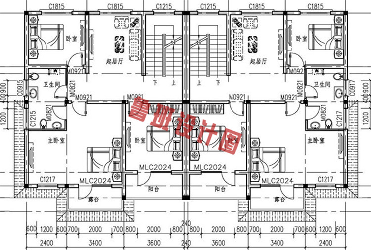 简欧风格三层双拼别墅自建房屋设计二层户型图