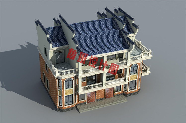 中式双拼三层小别墅设计鸟瞰图