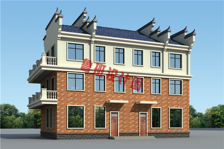 中式双拼三层小别墅设计背面图