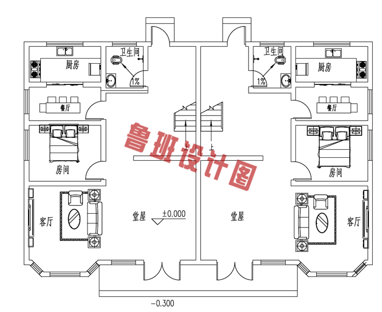 中式双拼三层小别墅设计一层户型图