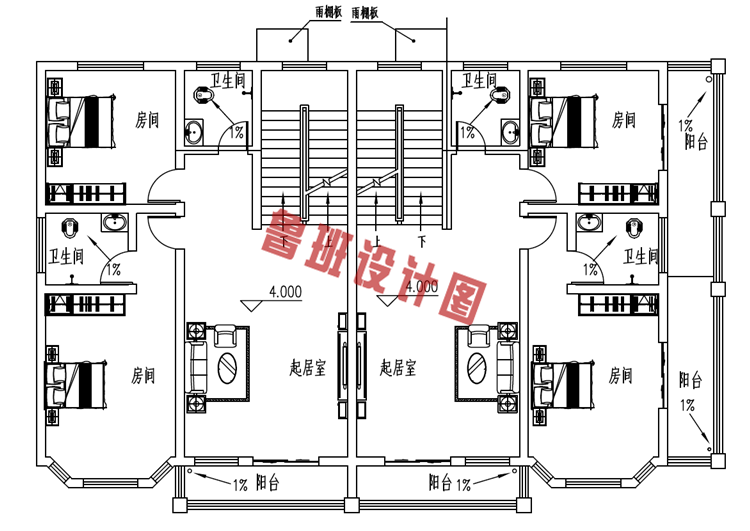 中式双拼三层小别墅设计二层户型图