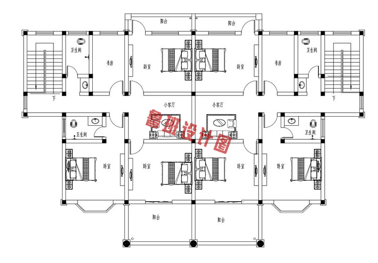 最新农村二层双拼房屋别墅设计二层户型图