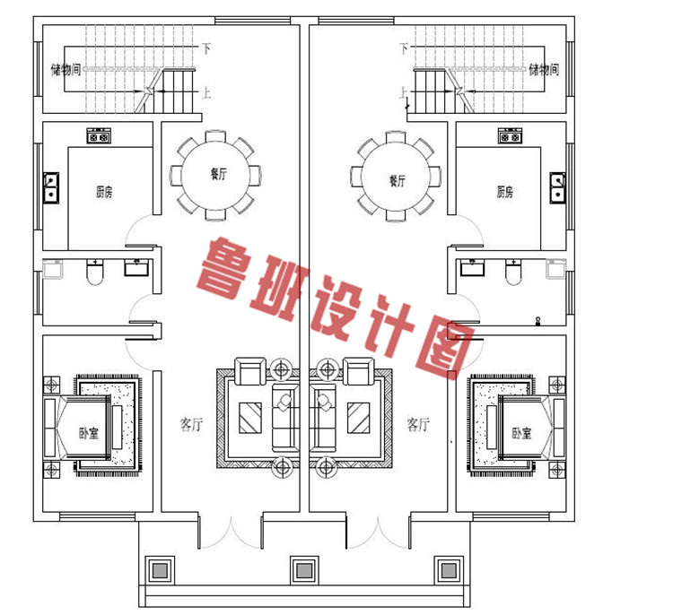 三层带老虎窗双拼自建房屋设计一层户型图