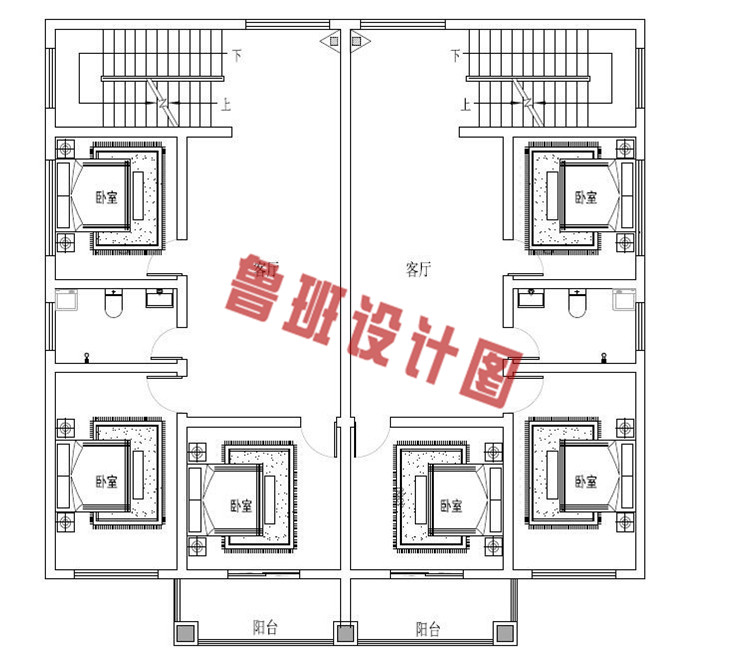 三层带老虎窗双拼自建房屋设计二层户型图