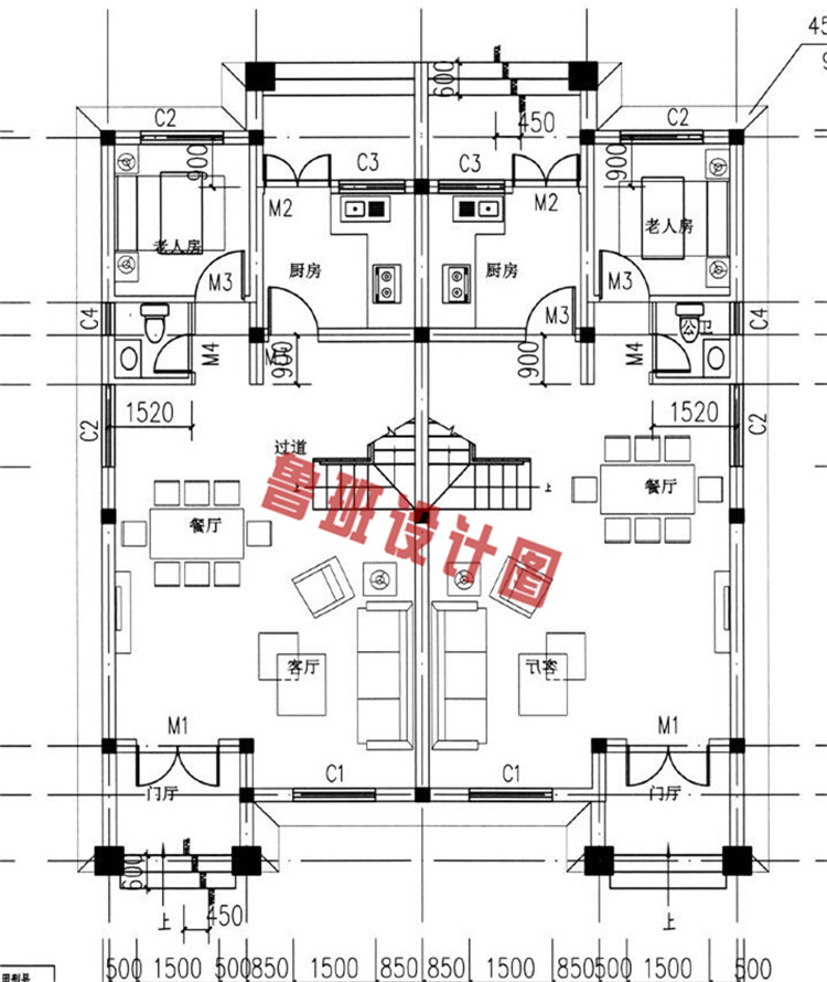 三层农村双拼别墅房屋设计一层户型图