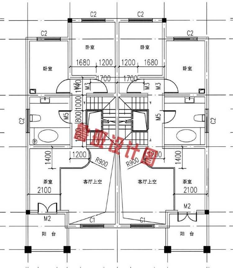 三层农村双拼别墅房屋设计二层户型图