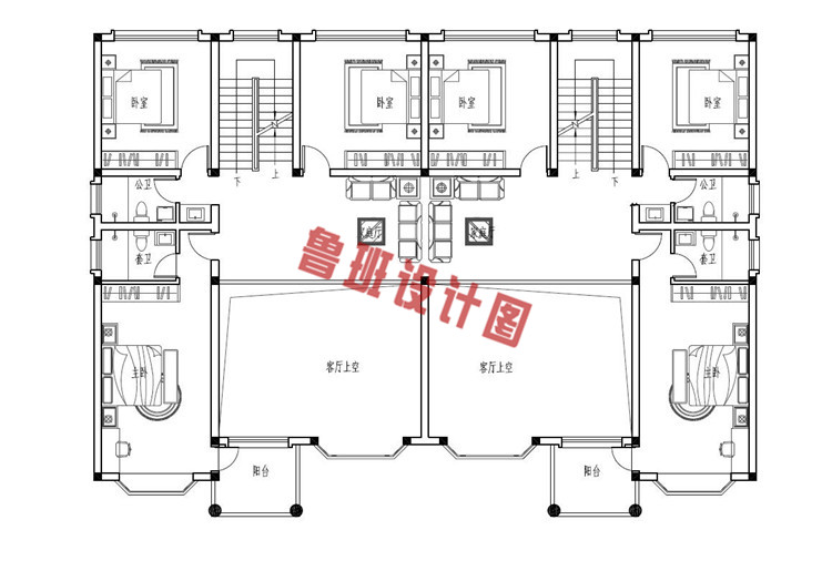 三层双拼别墅设计二层户型图