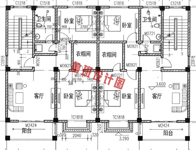 乡村三层双拼别墅设计二层户型图