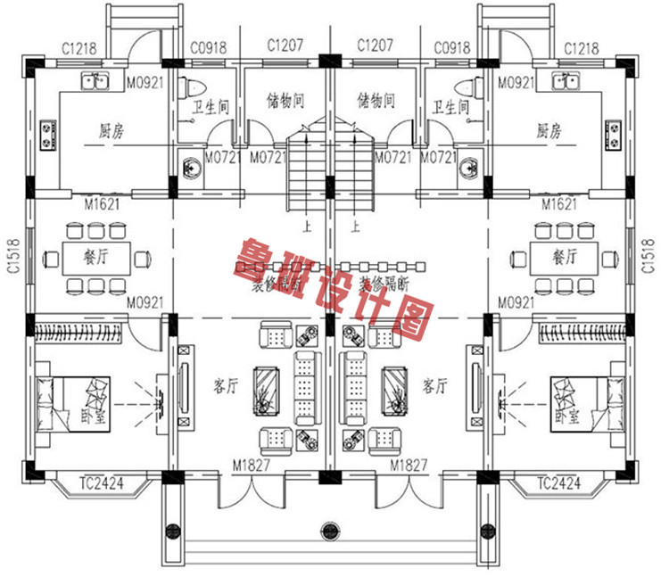 三层双拼联排别墅设计一层户型图