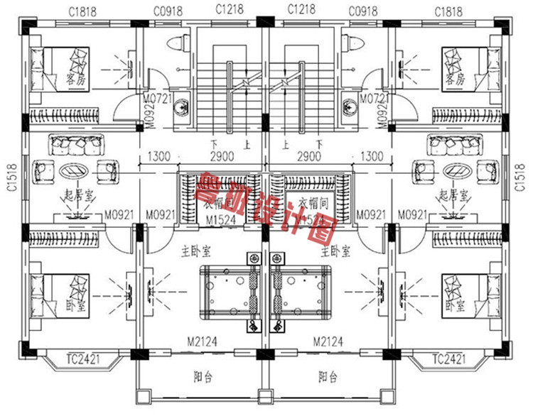 三层双拼联排别墅设计二层户型图